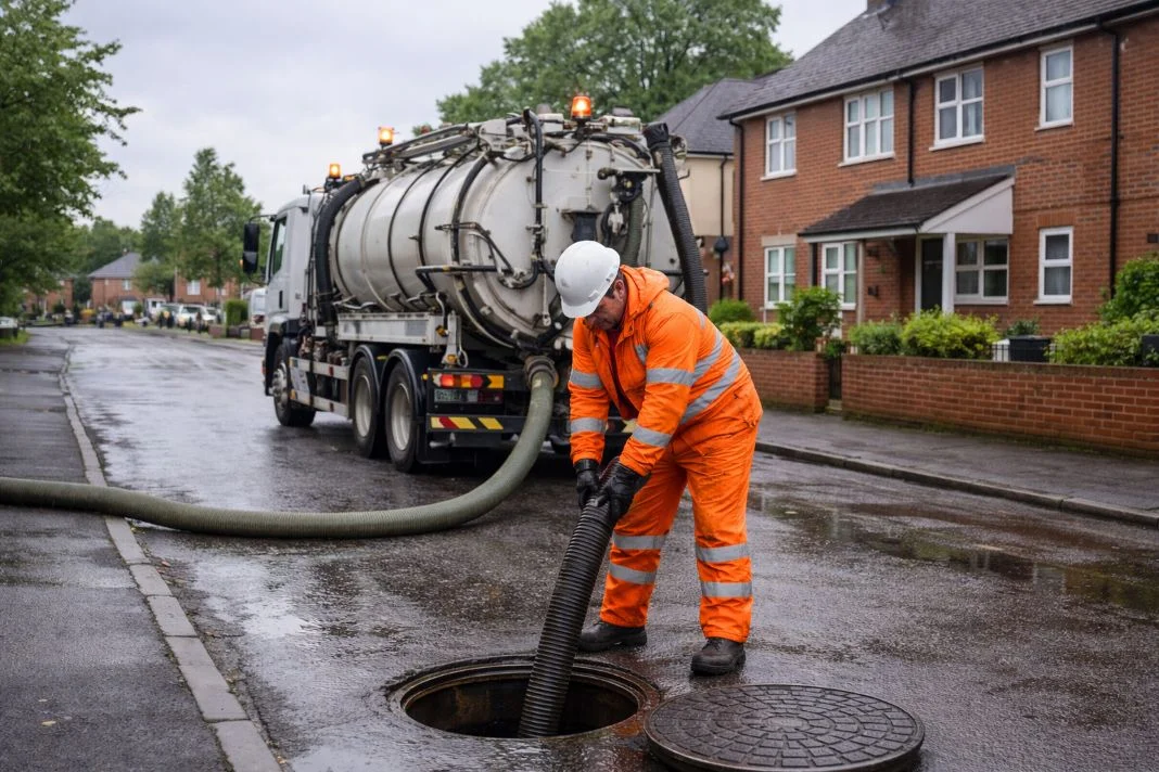 Utility worker in orange high-visibility clothing inserting a suction hose into an open manhole on a residential street next to a vacuum tanker truck.