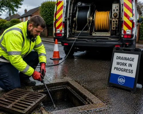 Drainage technician in high-visibility jacket kneeling near a road drain with equipment, next to a service van and a "Drainage Work In Progress" sign.