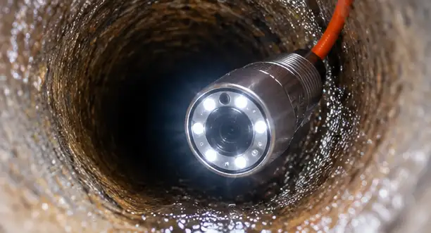 Illuminated LED CCTV drain camera head attached to an orange cable traveling inside an underground pipe during a survey in Hampshire.