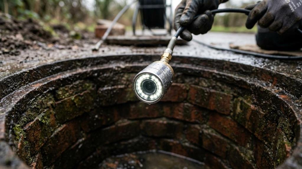 Drainage technician holding an illuminated CCTV drain inspection camera head over an open circular brick manhole chamber in Eastleigh.